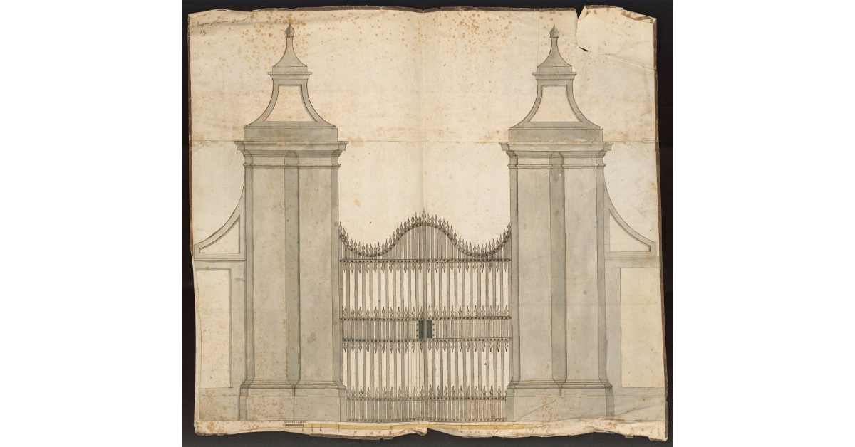 [Alzato di un cancello di ferro fra due colonne e un muro di cinta]