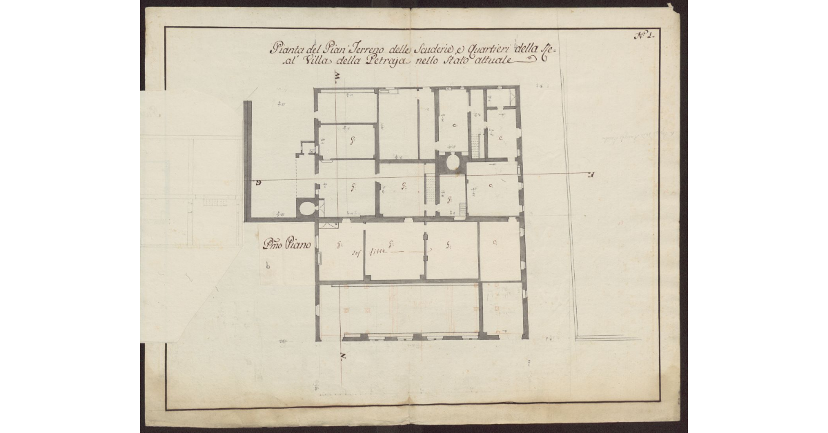Pianta del Pian Terreno delle Scuderie e Quartieri della Real Villa della Petraja nello stato attuale. Primo piano