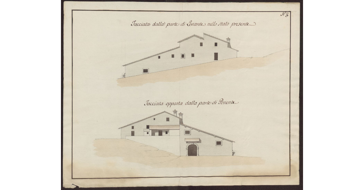 [Scuderie e quartieri della Real Villa della Petraia]. Facciata dalla parte di Levante nello stato presente. Facciata opposta dalla parte di Ponente