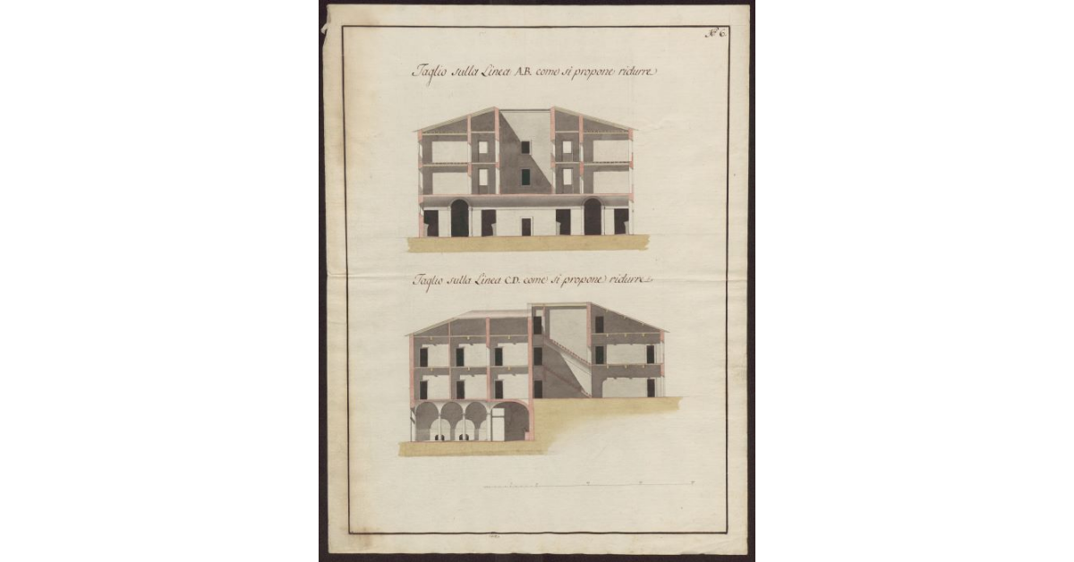 [Scuderie e Quartieri della Real Villa della Petraja]. Facciata sulla linea AB come si propone ridurre. Taglio sulla linea CD come si propone ridurre
