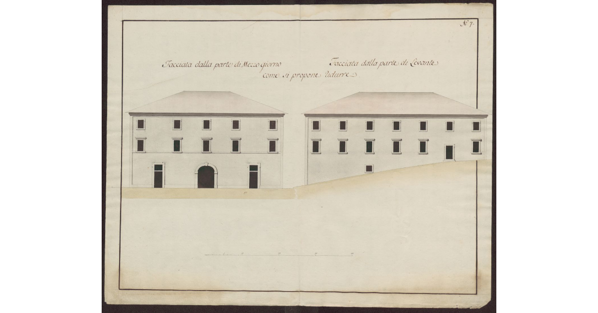 [Scuderie e Quartieri della Real Villa della Petraja]. Facciata dalla parte di Mezzogiorno. Facciata dalla parte di Levante come si propone ridurre