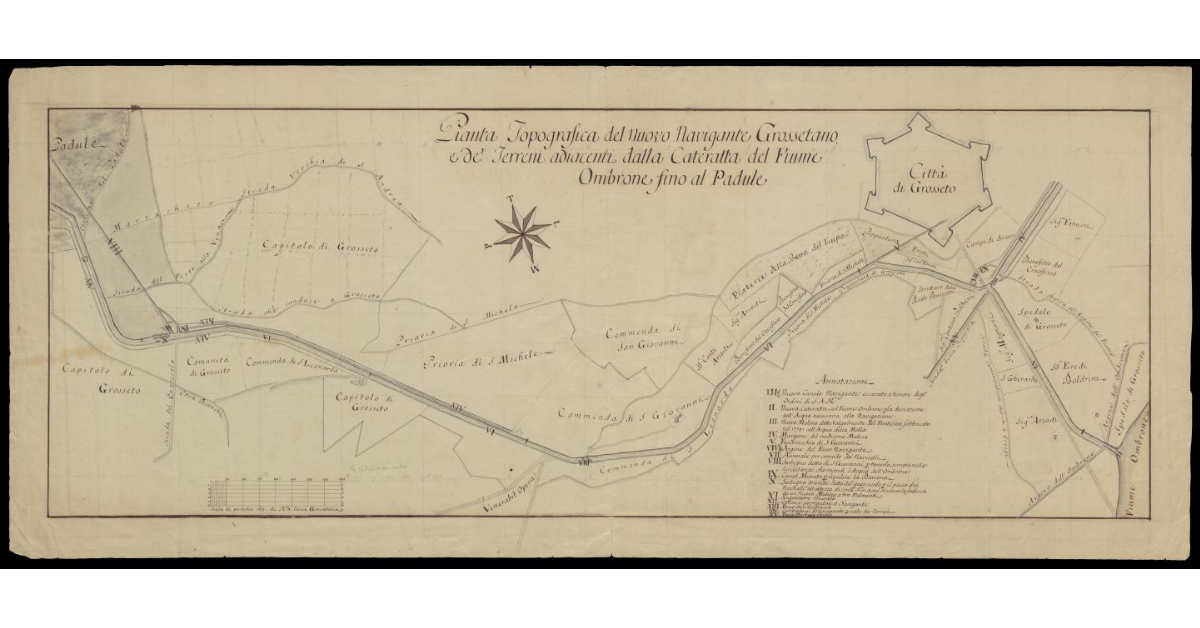 Pianta topografica del nuovo Navigante Grossetano e de' terreni adiacenti dalla cateratta del Fiume Ombrone fino al Padule