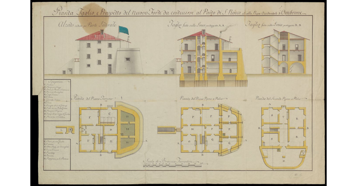 Pianta, taglio. e prospetto del nuovo Forte da costruirsi al Posto di S. Rocco, ed alla Ripa Occidentale d'Ombrone