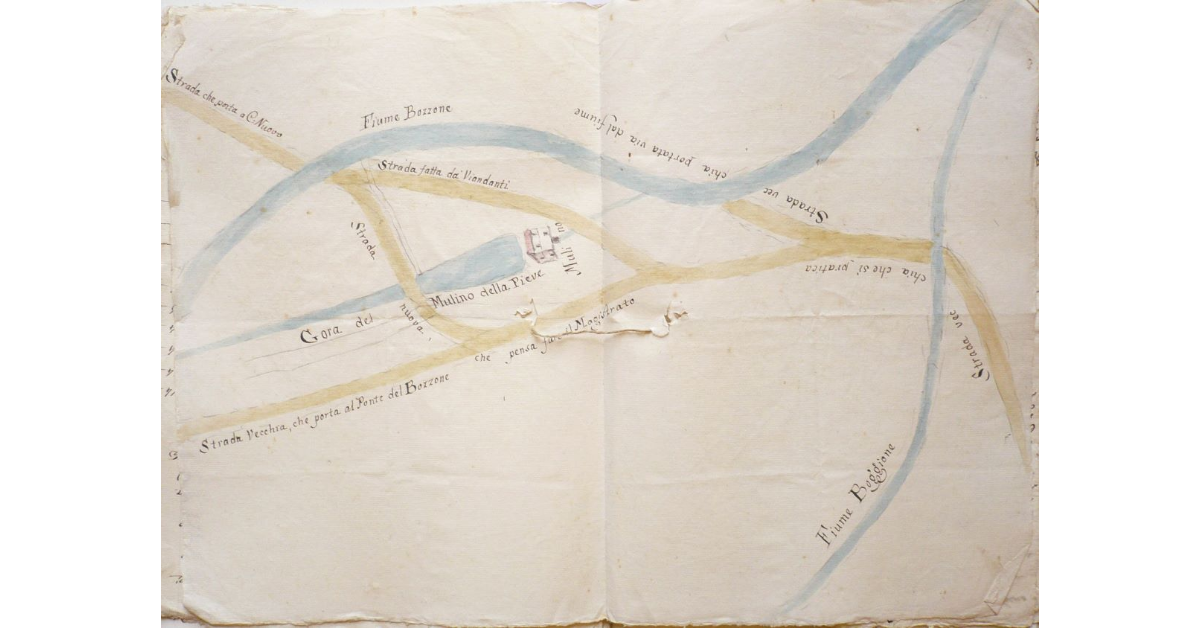 [Strada che porta a Castelnuovo Berardenga nei pressi del torrente Bozzone e del suo mulino]