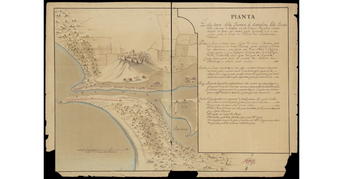 Pianta della bocca della Fiumara di Castiglione della Pescaia nelle Maremme di Grosseto con la relazione dei lavori stimati necessari da farsi per mettere questo porticciolo, unico in tutte queste parti, in stato di ricevere dei bastimenti mediocri
