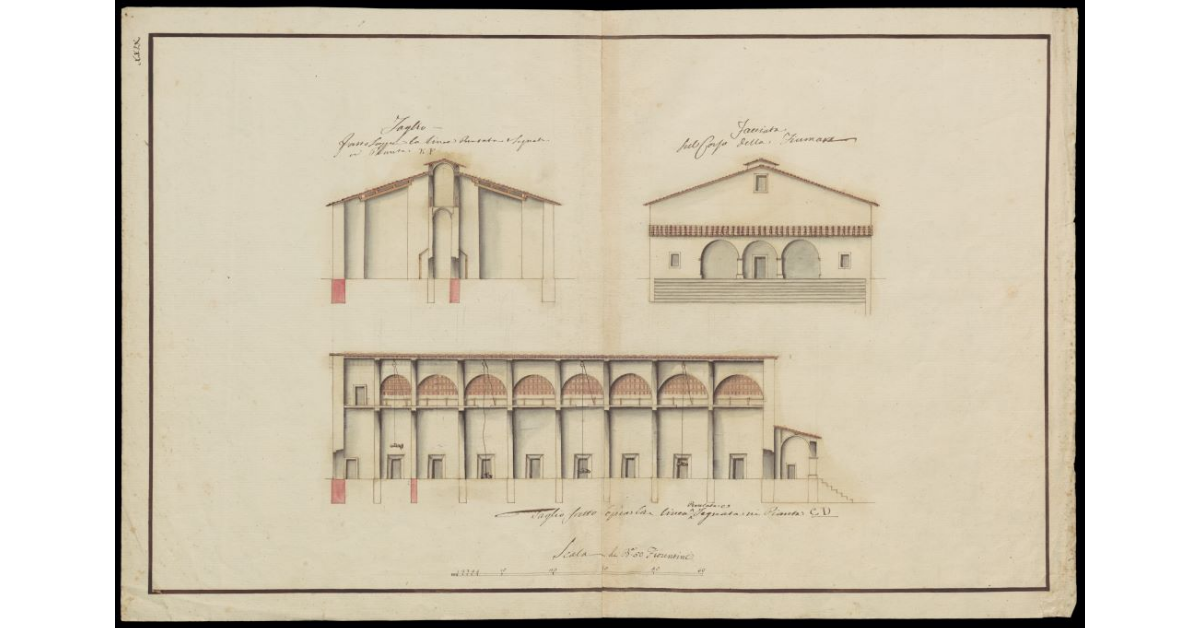 [Taglio, facciata e prospetto laterale del nuovo magazzino per il sale nella vecchia chiesa di S. Francesco di Castiglione della Pescaia]