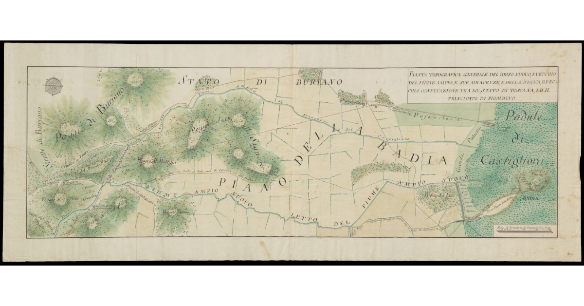 Pianta topografica generale del corso nuovo e vecchio del fiume Ampio, e sue adiacenze, e della nuova, e vecchia confinazione tra lo Stato di Toscana, ed il Principato di Piombino