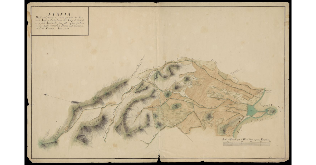Pianta dell'andamento del corso presente dei torrenti Ampio, e Cortigliano, dal Lago di Castiglioni, o dell'Abbadiola fino alle radici dei Monti, dai quali scendono, e Pianta dell'adiacenze di detti torrenti