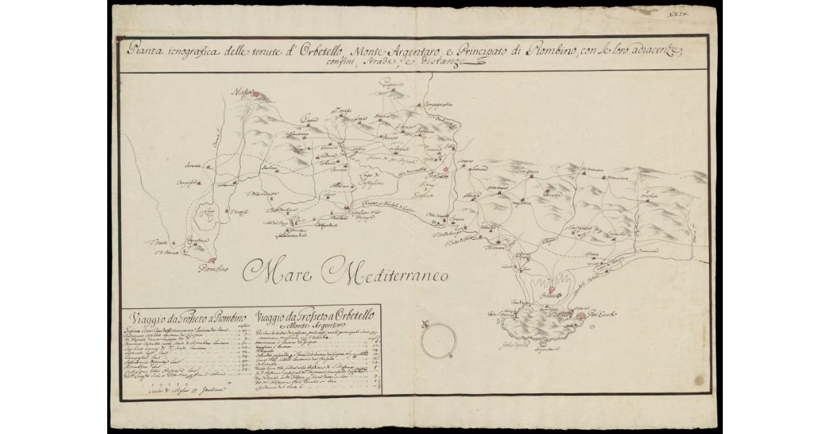 Pianta icnografica delle tenute d'Orbetello, Monte Argentario, e Principato di Piombino, con le loro adiacenze, confini, strade e distanze