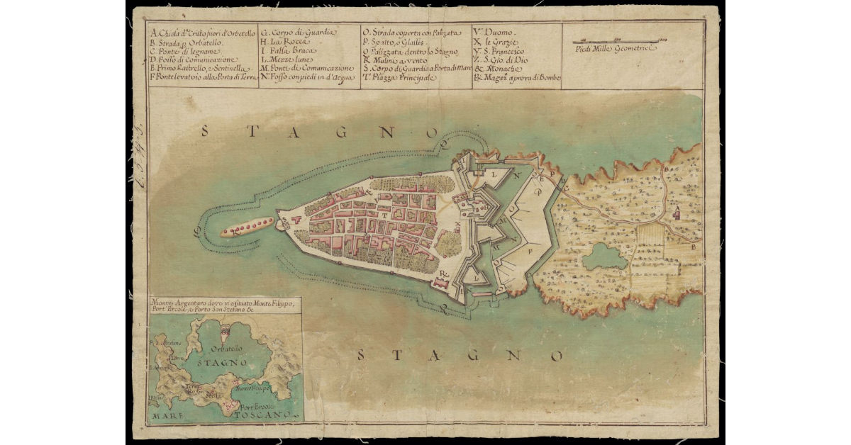 [Pianta di Orbetello con] Monte Argentario dove vi è situato Monte Filippo, Port'Ercole e Porto S. Stefano ecc