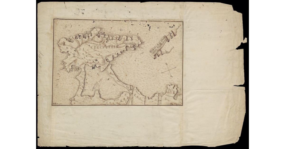Pianta di Monte Argentario, stagno e fortezze adiacenti