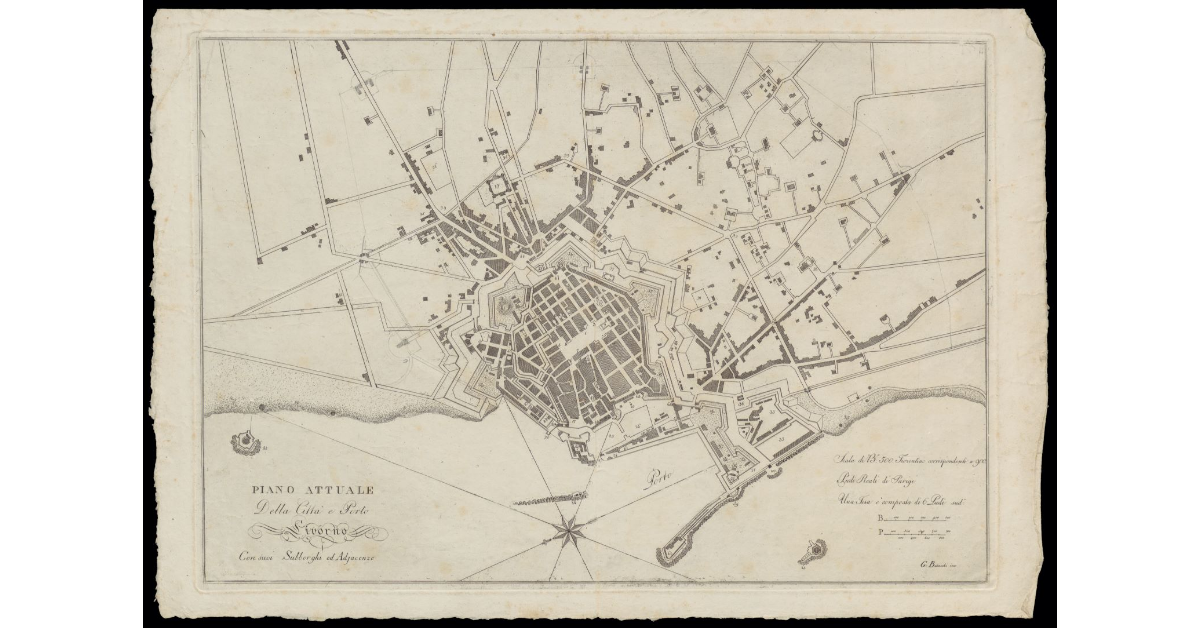 Piano attuale della città e porto di Livorno con suoi sobborghi ed adiacenze