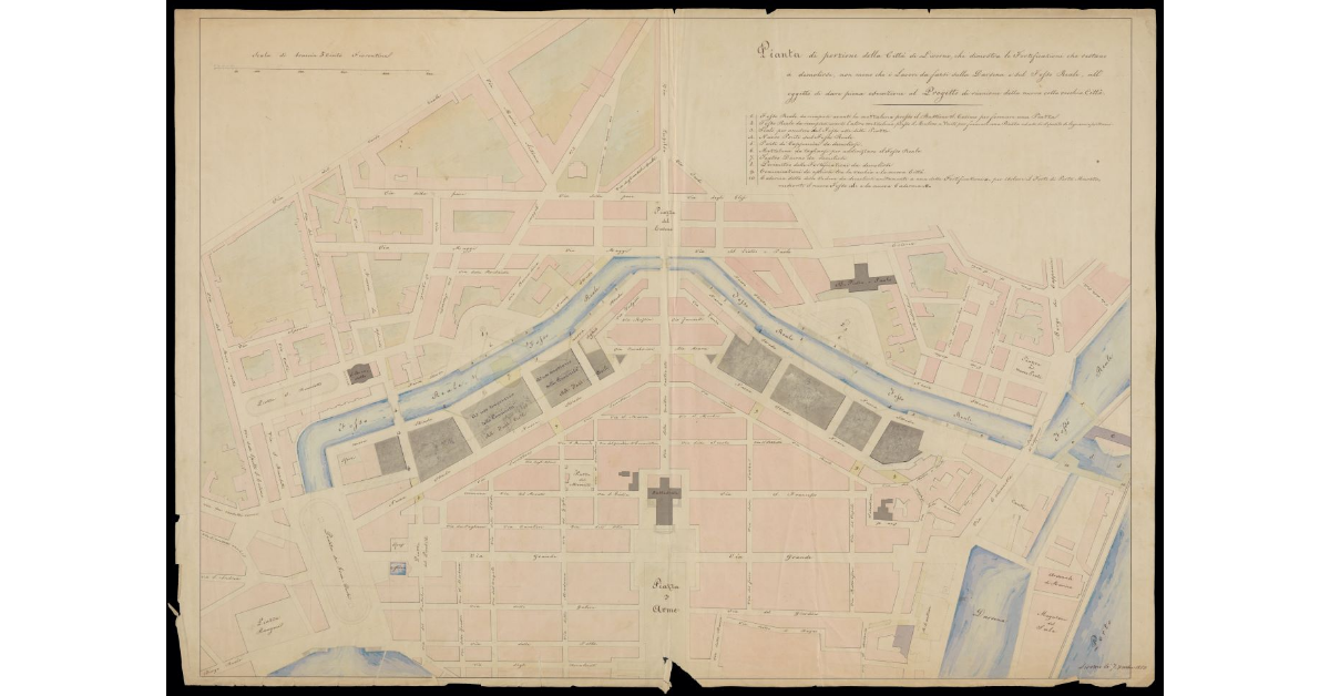 Pianta di porzione della città di Livorno, che dimostra le fortificazioni che restano a demolirsi, man mano che i lavori da farsi sulla darsena e sul Fosso Reale, all'oggetto di dare piena esecuzione al progetto di riunione della nuova colla vecchia città