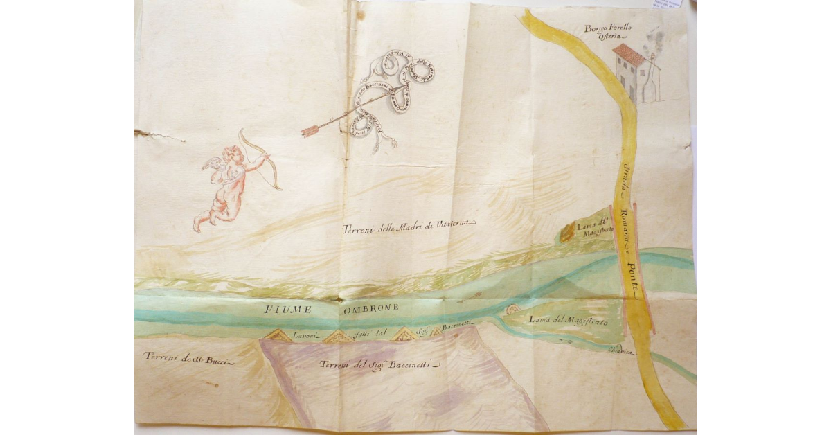 Pianta di Lavori fatti dal Signor Giovan Giacomo Baccinetti nel Fiume Ombrone di contro aj Beni delle Reverende Madri di Vita Eterna