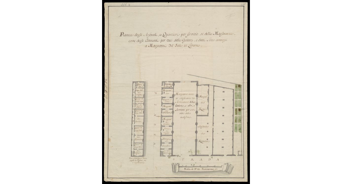 Pianta degli Arsenali, e quartieri per servizio sì delle maestranze come degli attrazzi per uso delle galere, e detti sono contigui a Magazzini del sale in Livorno