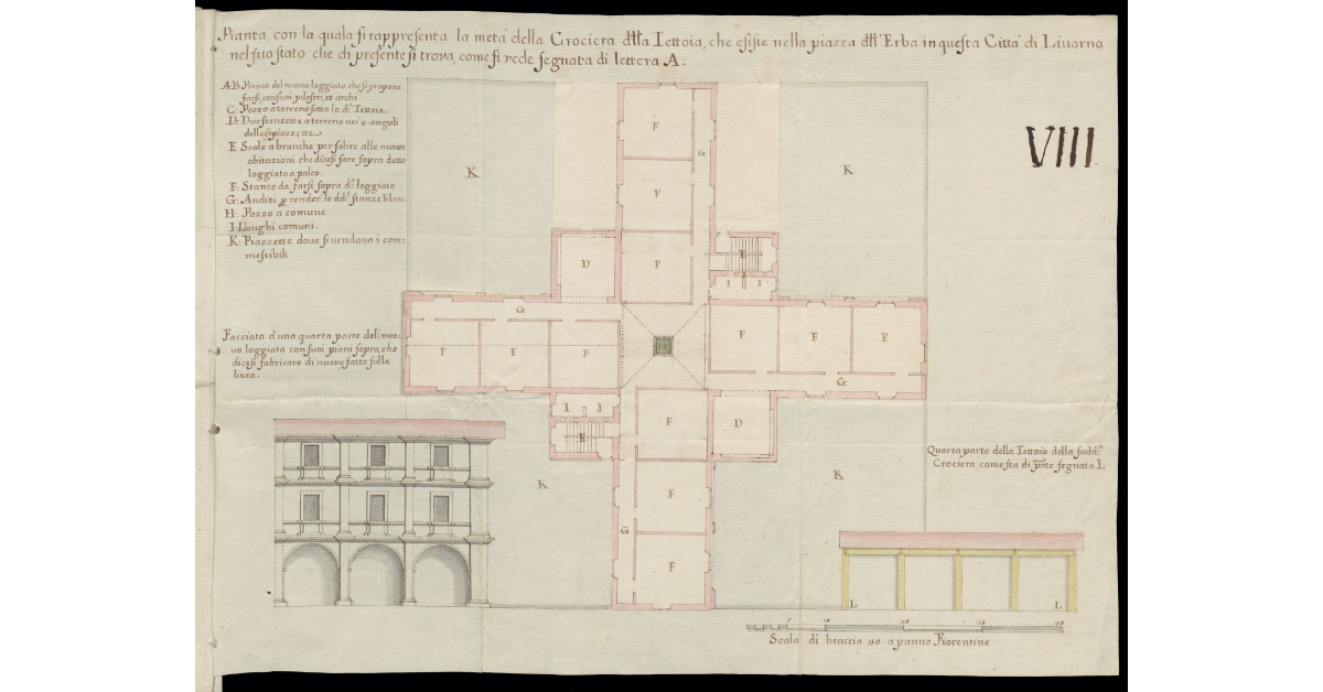 Pianta con la quale si rappresenta la metà della Crociera della tettoia che esiste nella Piazza dell'Erba in questa Città di Livorno nel suo stato che di presente si trova