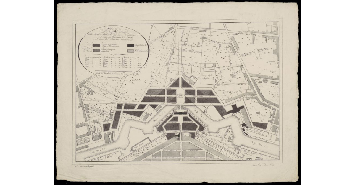 Pianta delle strade e fabbriche del nuovo sobborgo avanti il soppresso Bastione del Casone e nell'interno del Bastione medesimo [a Livorno]
