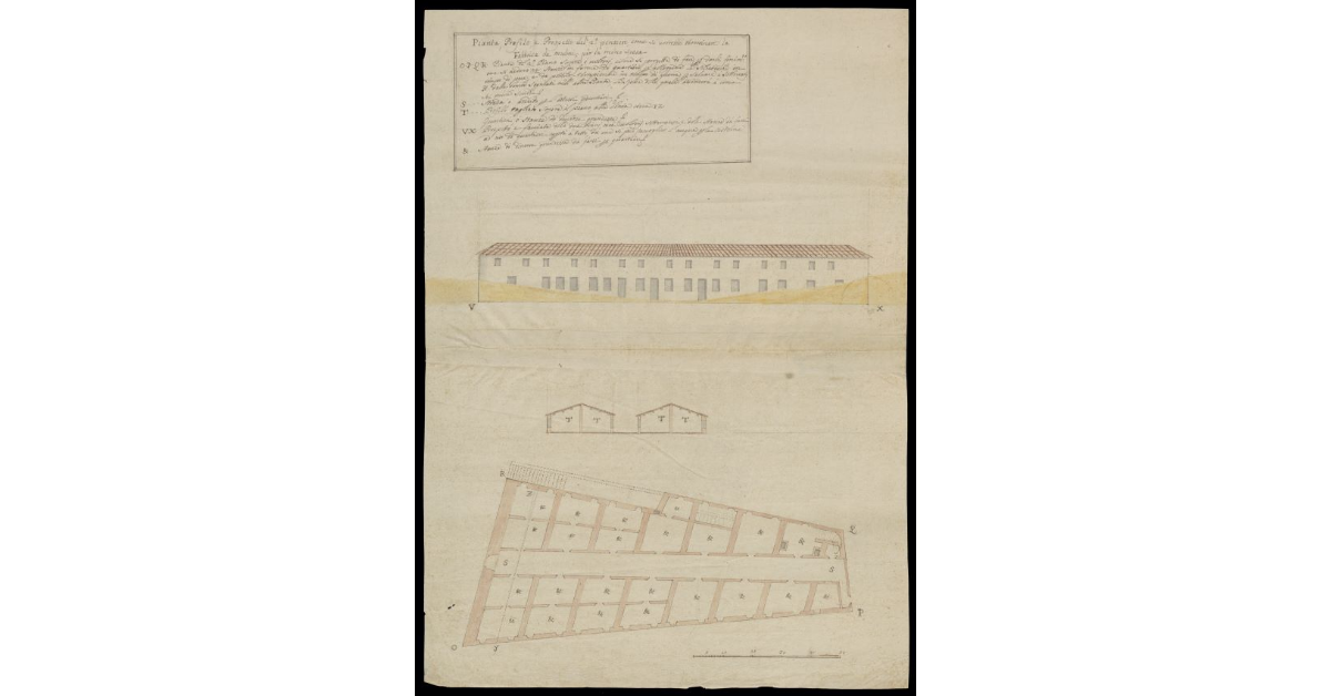 Pianta, profilo e prospetto del 2° pensiero come si vorrebbe terminare la Fabbrica dei Mulini [di Livorno]
