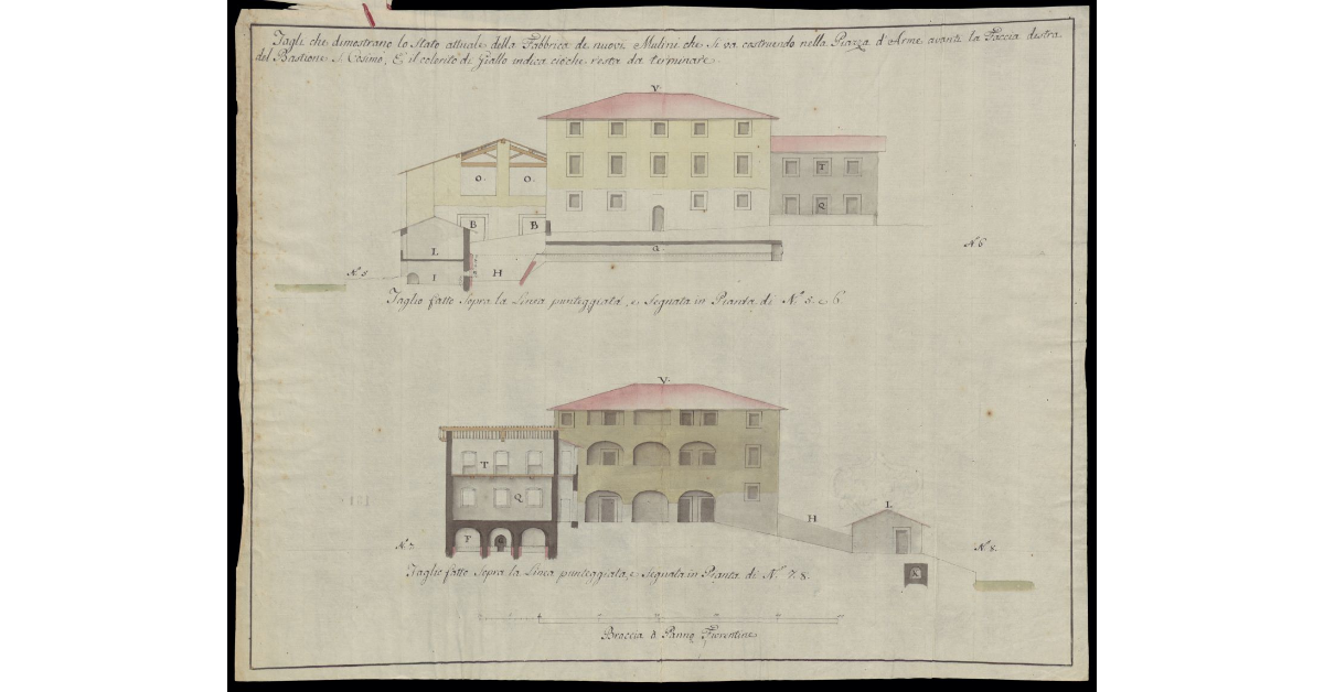 Tagli che dimostrano lo stato attuale della Fabbrica dei novi mulini che si va costruendo nella Piazza d'Arme avanti la faccia destra del Bastione S. Cosimo [N. 6 e N. 8]