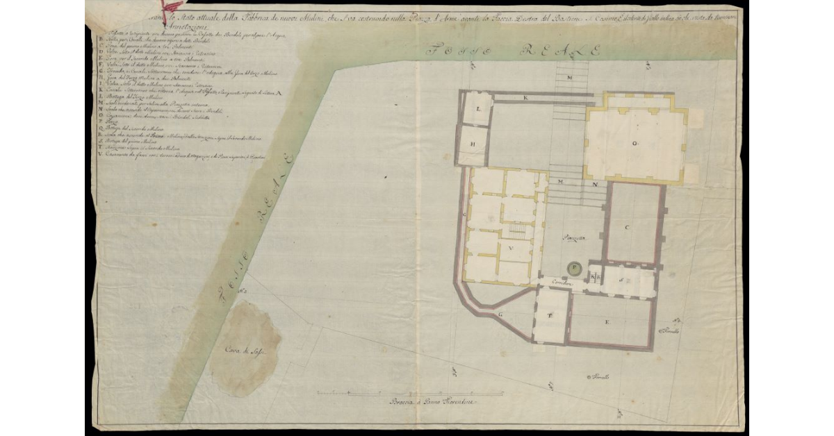 Pianta dimostrante lo stato attuale della Fabbrica dei nuovi mulini che si va costruendo nella Piazza d'Arme avanti la faccia destra del Bastione S. Cosimo