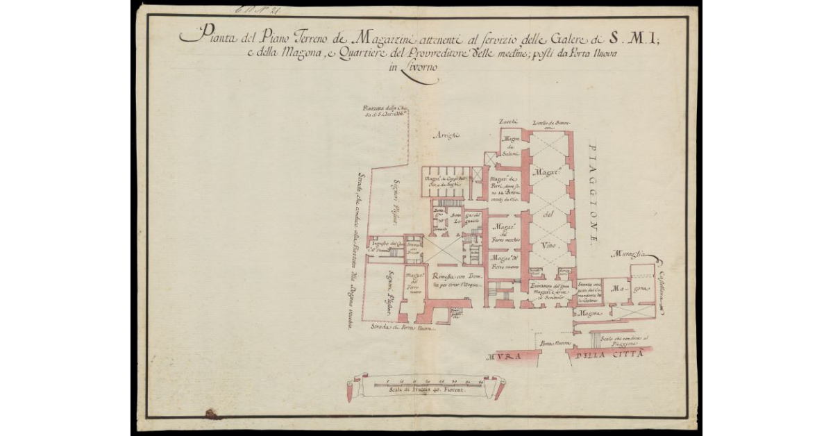 Pianta del pian terreno de Magazzini attenenti al servizio delle Galere di S.M.I., e della Magona, e quartiere del Provveditore di dette Galere, posti da Porta Nuova in Livorno