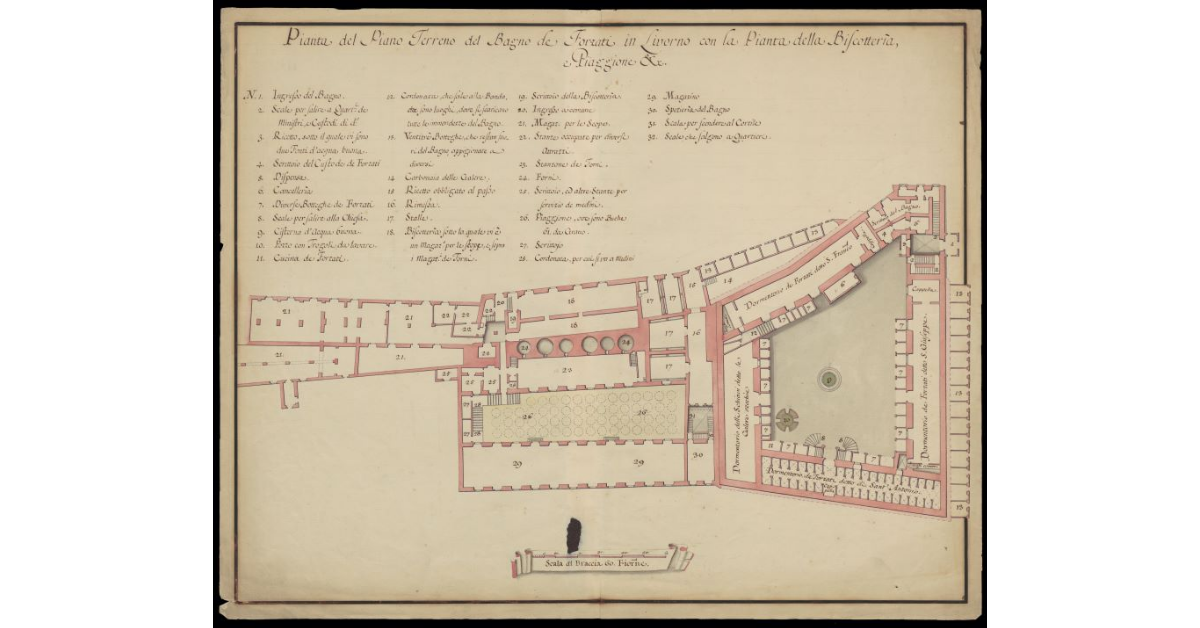 Pianta del piano terreno del Bagno dei forzati in Livorno con la pianta della biscotteria e Piaggione