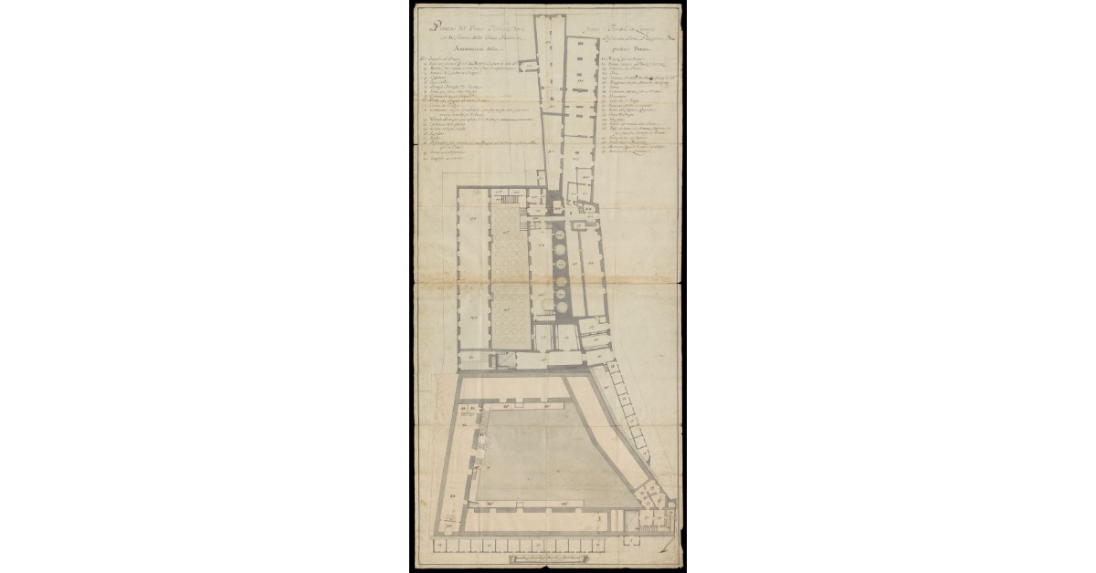 Pianta del piano terreno dove stanno i forzati in Livorno con la pianta della Chiesa, mezzanini, biscotteria, forni, piaggione, ecc