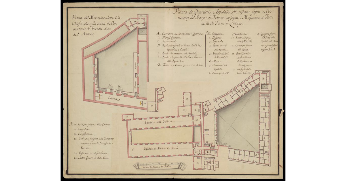Pianta dei quartieri e spedali che restano sopra i dormentori del Bagno dei forzati e pianta del mezzanino dove è la Chiesa