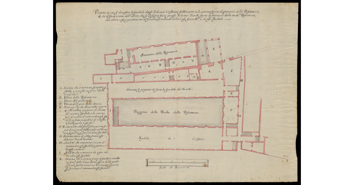 Pianta in cui si dimostra lo Spedale degli schiavi cristiani fabbricato in Livorno sopra il granaio della Biscotteria e la disposizione dell'altro che si disegna fare per gli schiavi turchi sopra la farineria