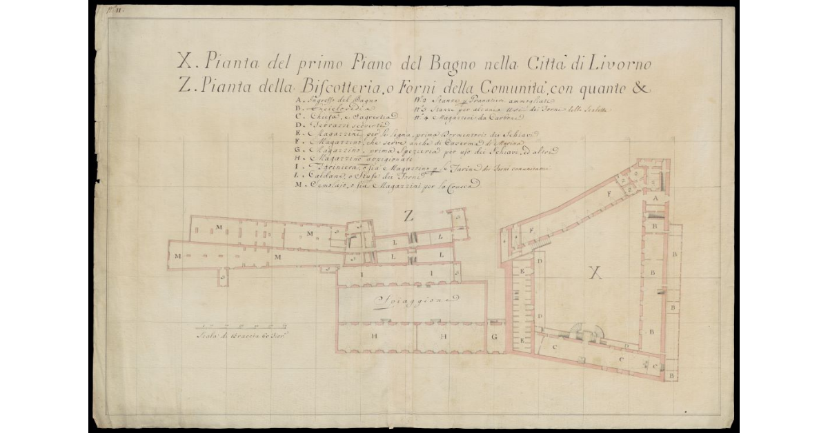 Pianta del primo piano del Bagno nella Città di Livorno. Pianta della Biscotteria o forni della Comunità