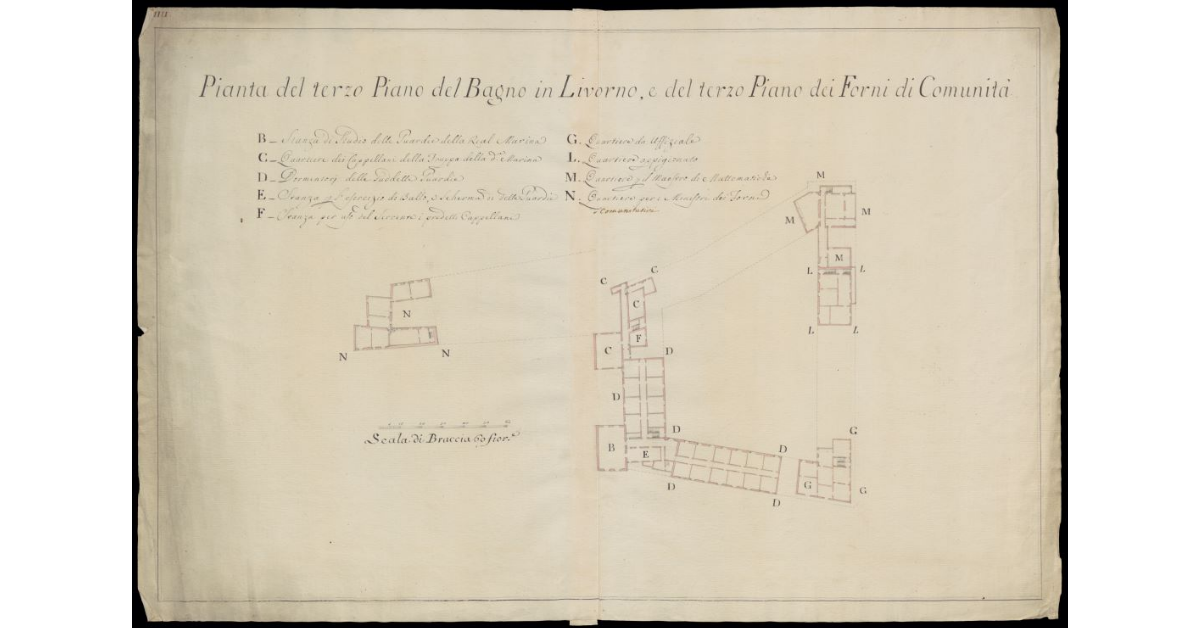 Pianta del terzo piano del Bagno in Livorno e del terzo piano dei forni di Comunità