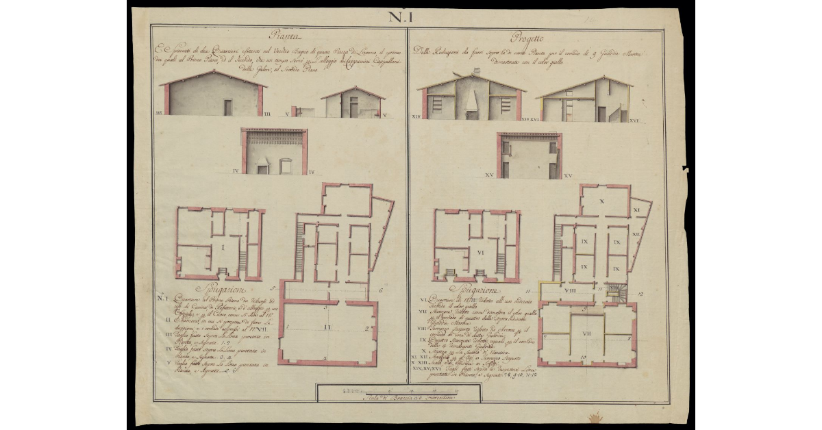 Pianta e spaccati di due quartieri del vecchio bagno di questa piazza di Livorno [e progetto dei lavori da farsi per il nuovo stabile delle guardie marine]