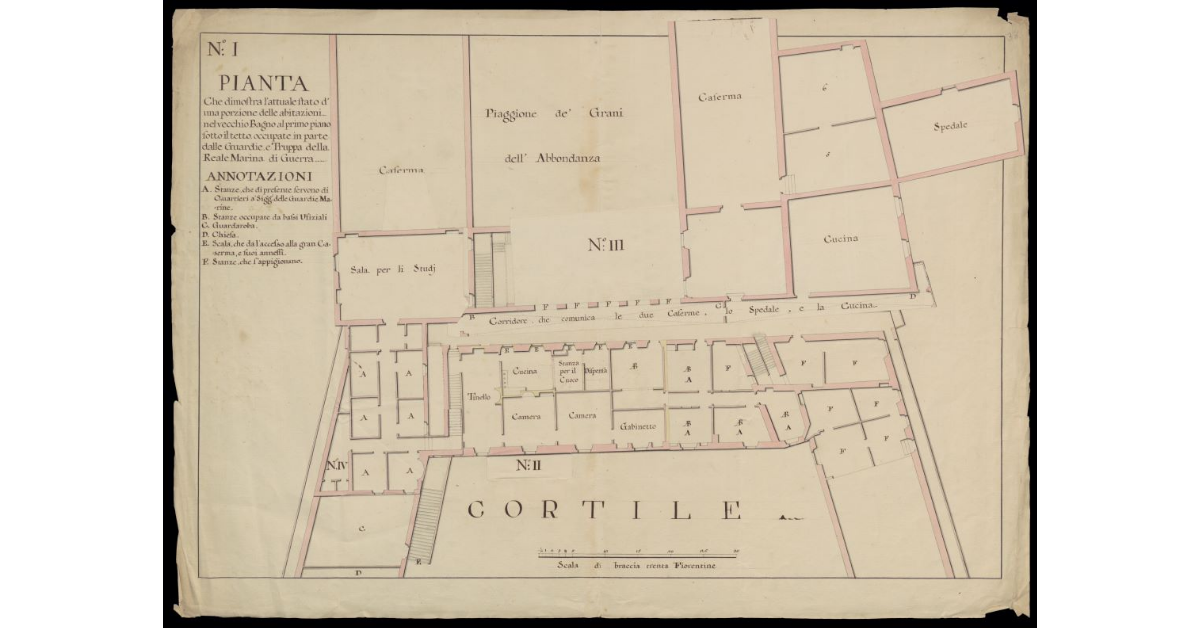 Pianta che dimostra l'attuale stato d'una porzione delle abitazioni nel vecchio bagno al primo piano sotto il tetto occupate in parte dalle Guardie truppe della R. Marina di Guerra [a Livorno]