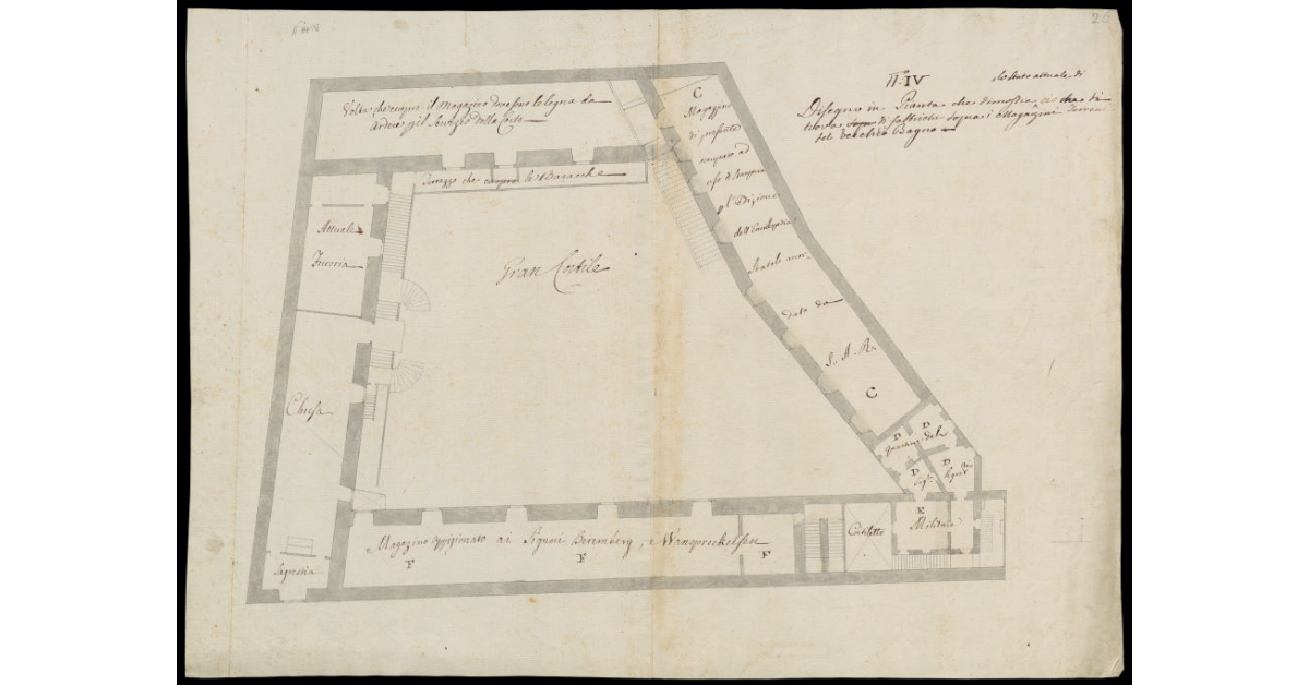 Disegno in pianta che dimostra lo stato attuale di ciò che si trova di Fabbriche sopra i Magazzini terreni del vecchio bagno [dei forzati di Livorno]