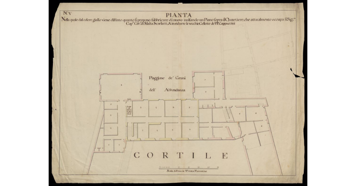 Pianta nella quale dal colore giallo viene distinto quanto si propone fabbricare di nuovo innalzando un piano sopra il quartiere che attualmente occupa il Sig.re Cap.no Cav.re di Malta Scarlatti per ridurre le vecchie cellette de PP: Cappuccini [a Livorno]