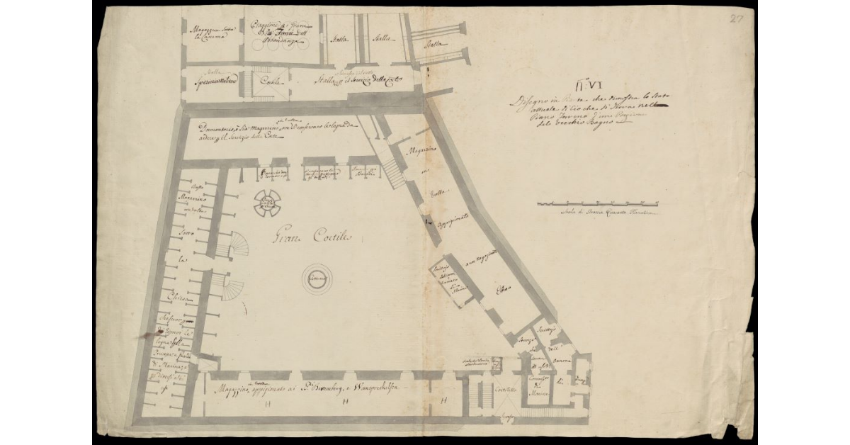Disegno in pianta che dimostra lo stato attuale di ciò che si trova nel piano terreno d'una porzione del vecchio Bagno [dei forzati di Livorno]