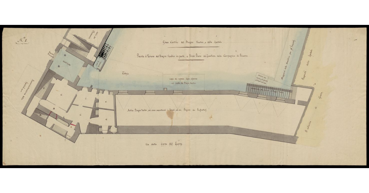 Gran cortile del Bagno Vecchio e dello Spedale. Pianta a terreno del Bagno Vecchio in parte, e primo piano del quartiere della Compagnia di Riserva