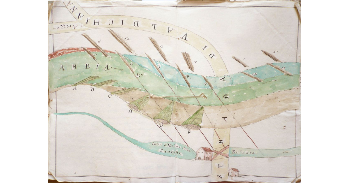 [Tratto della strada di Valdichiana all'incrocio con il fiume Arbia alle Taverne]