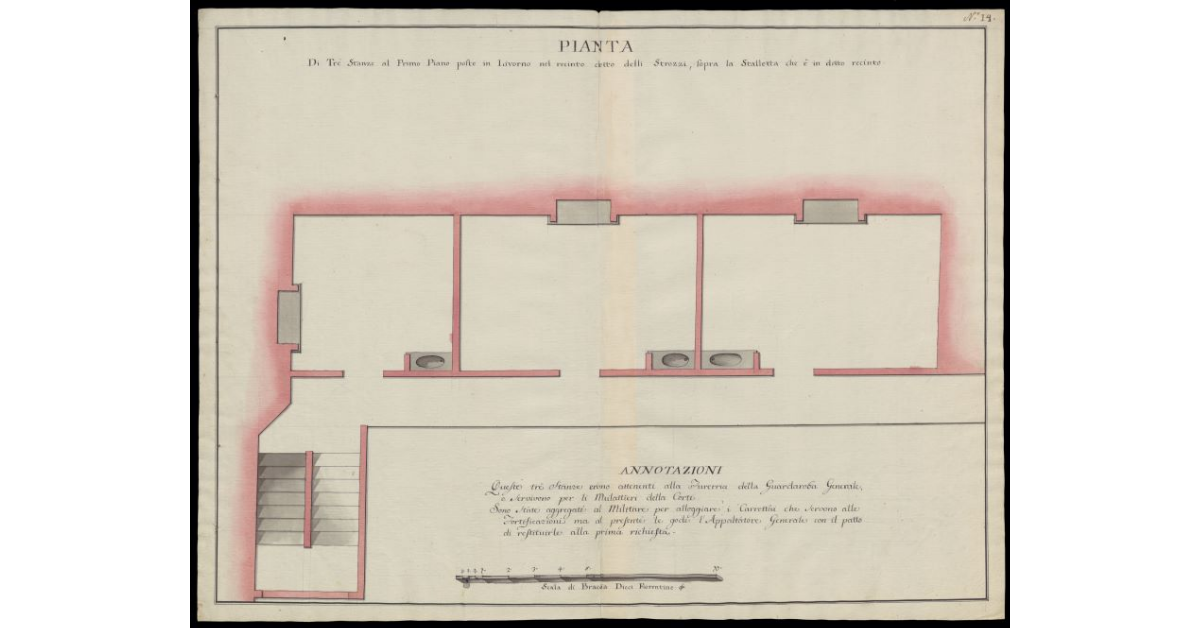 Pianta di tre stanze al primo piano poste in Livorno nel recinto detto delli Strozzi, sopra la stalletta che è in detto recinto