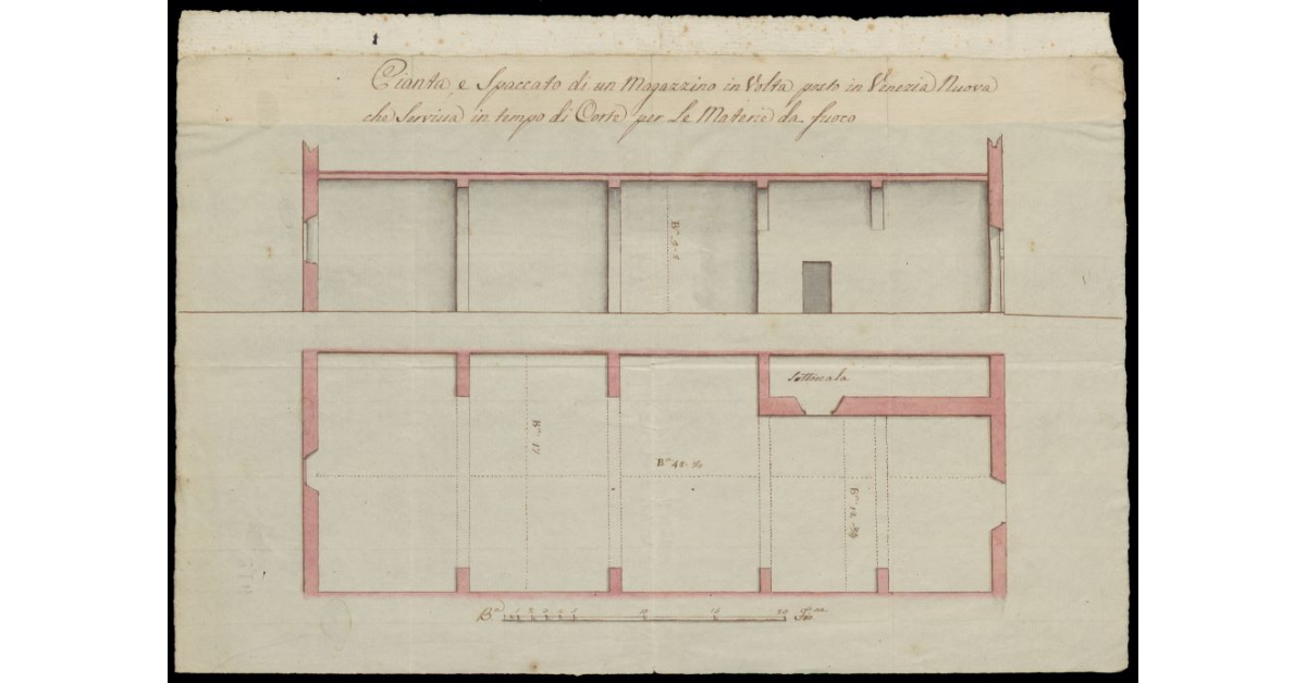 Pianta e spaccato di un magazzino in volta posto in Venezia Nuova [a Livorno] che serviva in tempo di Corte per le materie da fuoco
