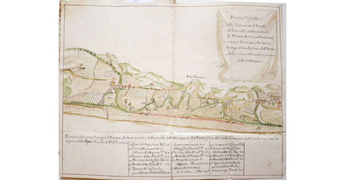 Pianta Visuale, che dimostra il Fiume Arbia colle imboccature de' Fiumi Sorra, ed Ombrone, e con i Terreni, che sono lungo il medesimo Ponte Arbia fino all'imboccatura dell'Ombrone