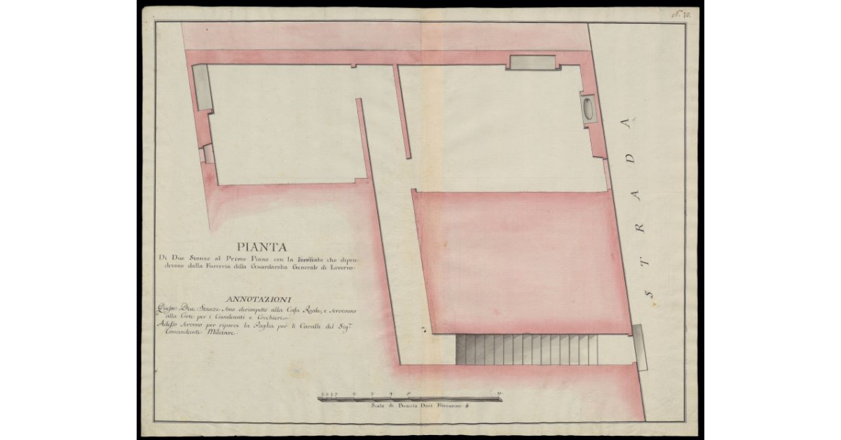 Pianta di due stanze al primo piano con la loro scala che dipendevano dalla Fureria della Guardaroba Generale di Livorno