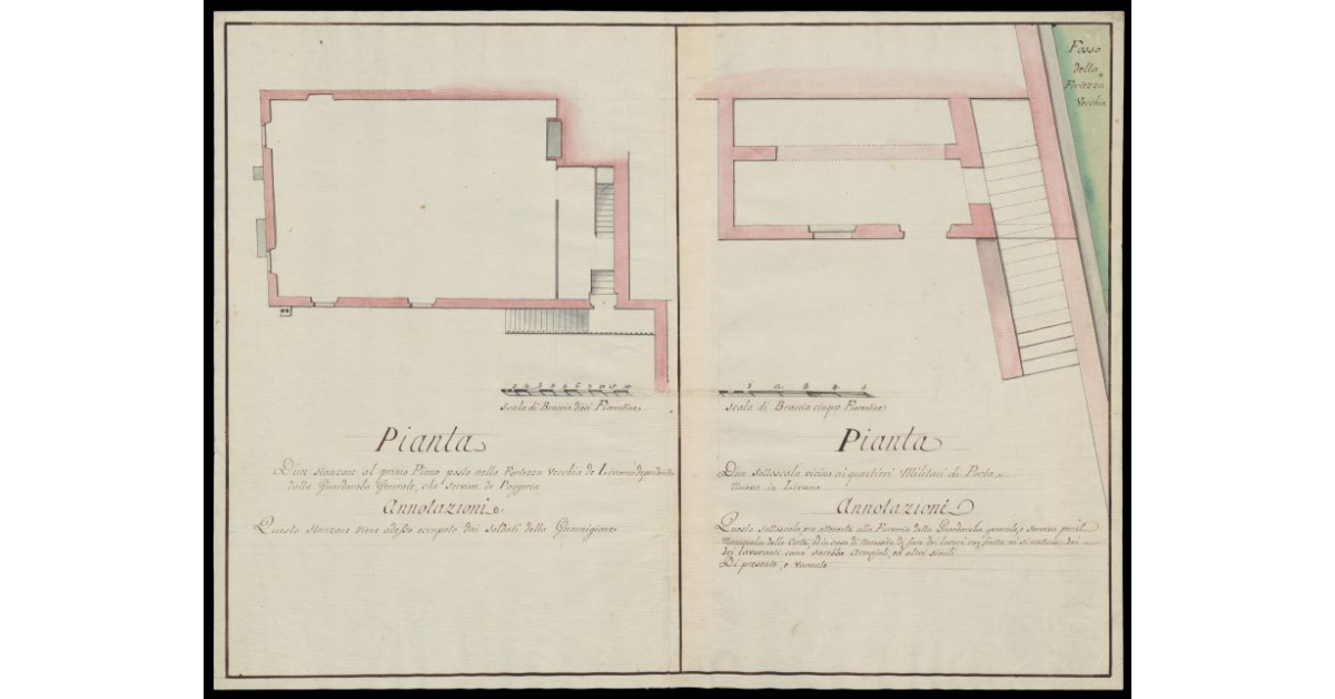 Pianta d'uno stanzone al primo piano posto nella Fortezza Vecchia di Livorno dipendente dalla Guardaroba Generale che serviva da Paggeria