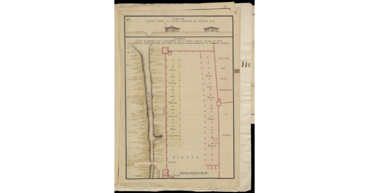Pianta d'una porzione del Lazzeretto di San Jacopo nella quale si vede il progetto della tettoia da farsi di nuovo, come dimostra il colorito giallo