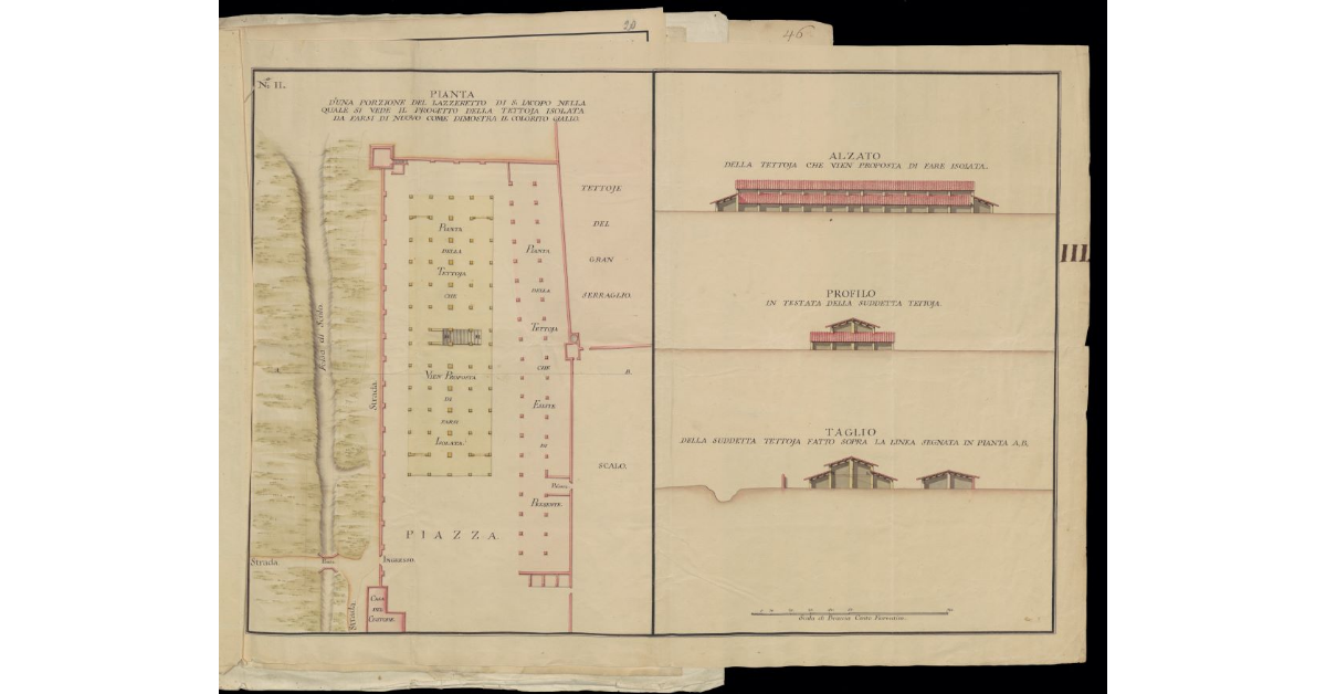Pianta d'una porzione del Lazzeretto di San Jacopo nella quale si vede il progetto della tettoia isolata da farsi di nuovo come dimostra il colorito giallo [con alzati e profili]