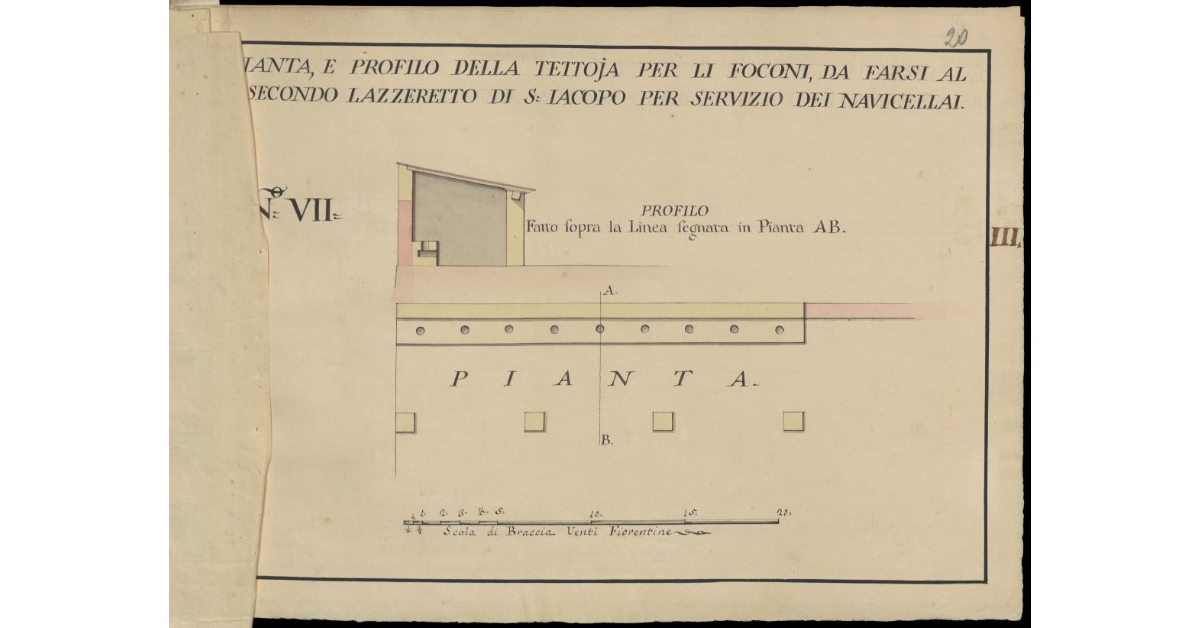 Pianta e profilo della tettoia per li foconi, da farsi al secondo Lazzeretto di San Jacopo per servizio dei Navicellai