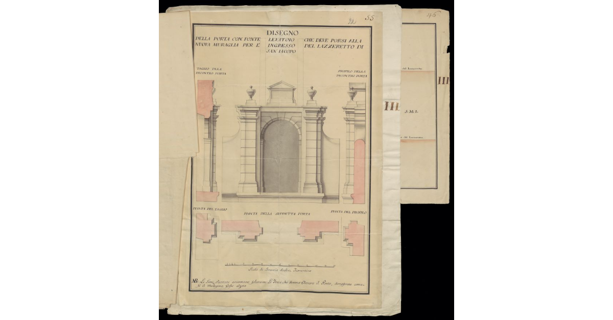 Disegno della Porta con ponte levatorio che deve farsi alla nuova muraglia per l'ingresso del Lazzeretto di San Jacopo