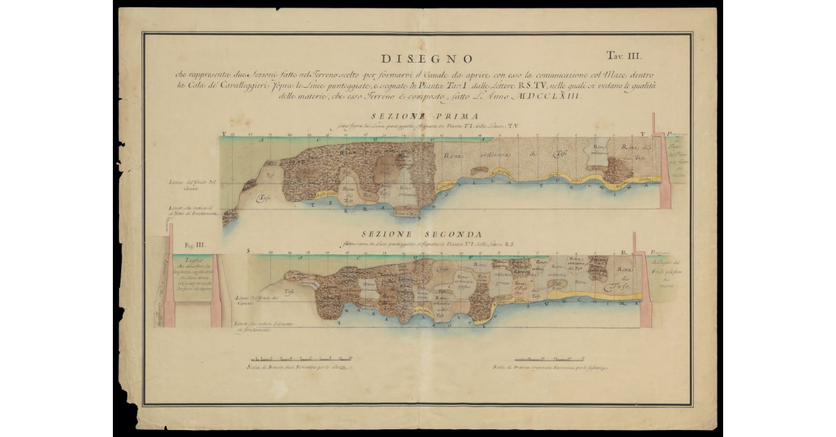 Disegno che rappresenta due sezioni fatte nel terreno scelto per formarvi il Canale da aprire con esso la comunicazione col mare dentro la Cala de' Cavalleggeri [a Livorno]