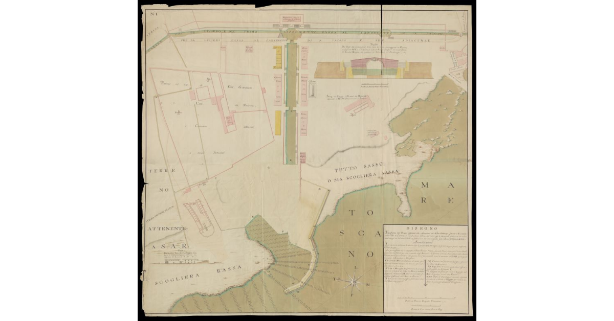 Disegno topografico del terreno destinato alla costruzione del nuovo Sobborgo situato a Levante della Città di Livorno, in cui si vedono distinte dal colore rosso le abitazioni fabbricate di nuovo