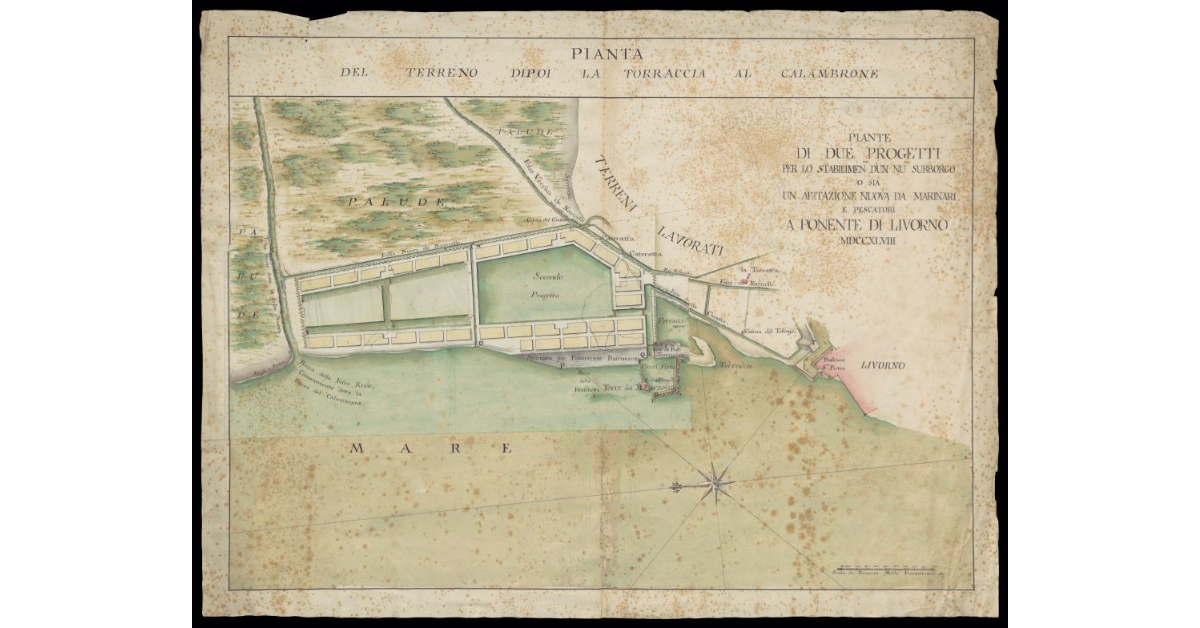 Pianta del terreno dipoi la Torraccia al Calambrone. Piante di due progetti per lo stabilimento d'un nuovo Subborgo, o sia un'abitazione nuova da Marinari e Pescatori a Ponente di Livorno